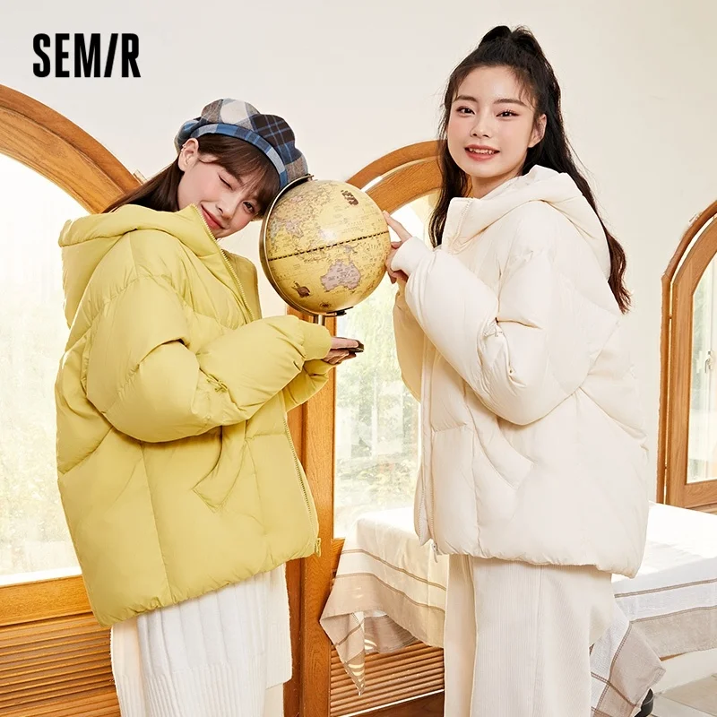 

SEMIR Down Jacket Women Short Winter Hooded Coat Cocoon New Loose White Winter Clothes 90 Velvet Coat