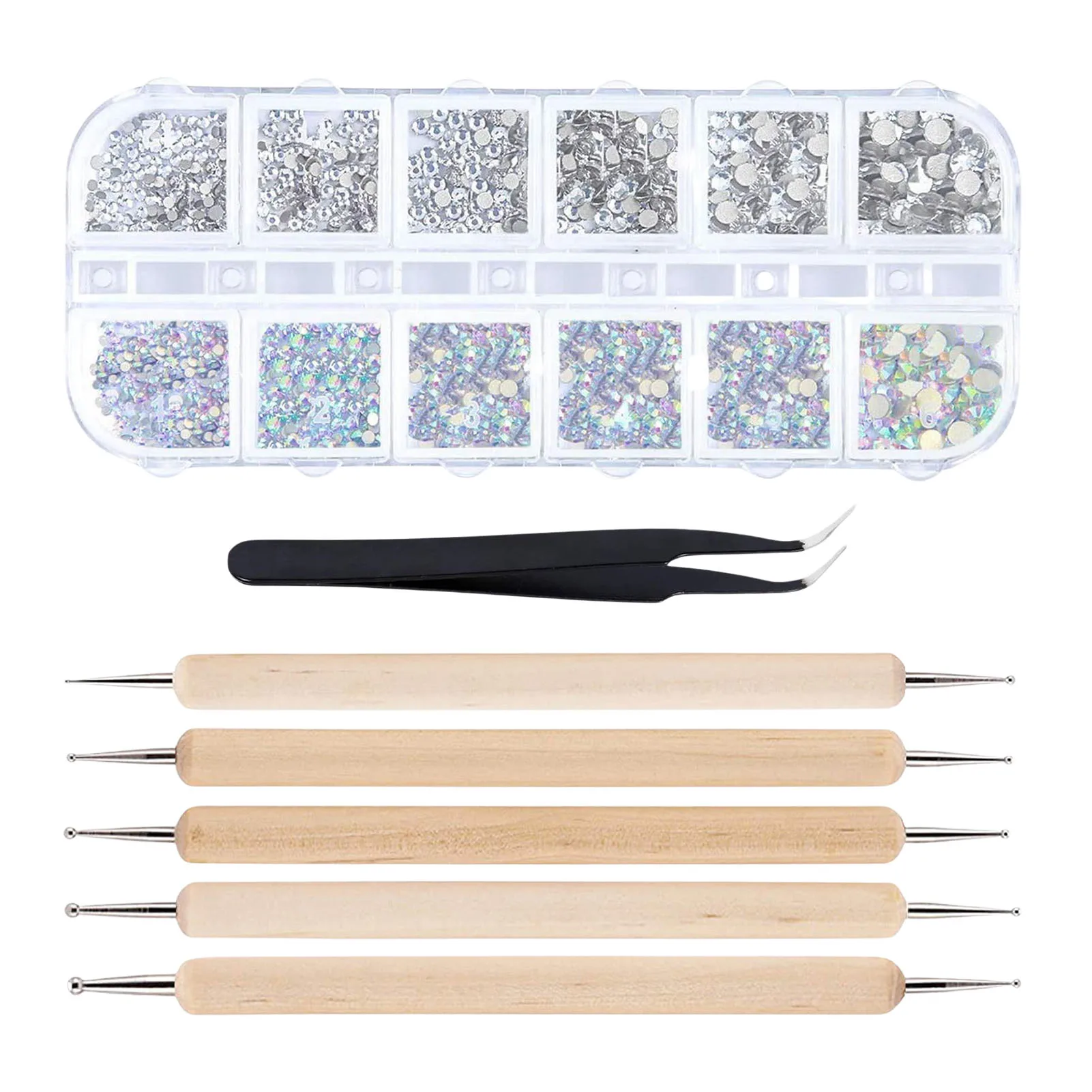 

Стразы AB Crystal 6 размеров, Кристальные стразы с плоской задней стороной для рукоделия, круглые стеклянные драгоценные камни с пинцетом и 5 эле...