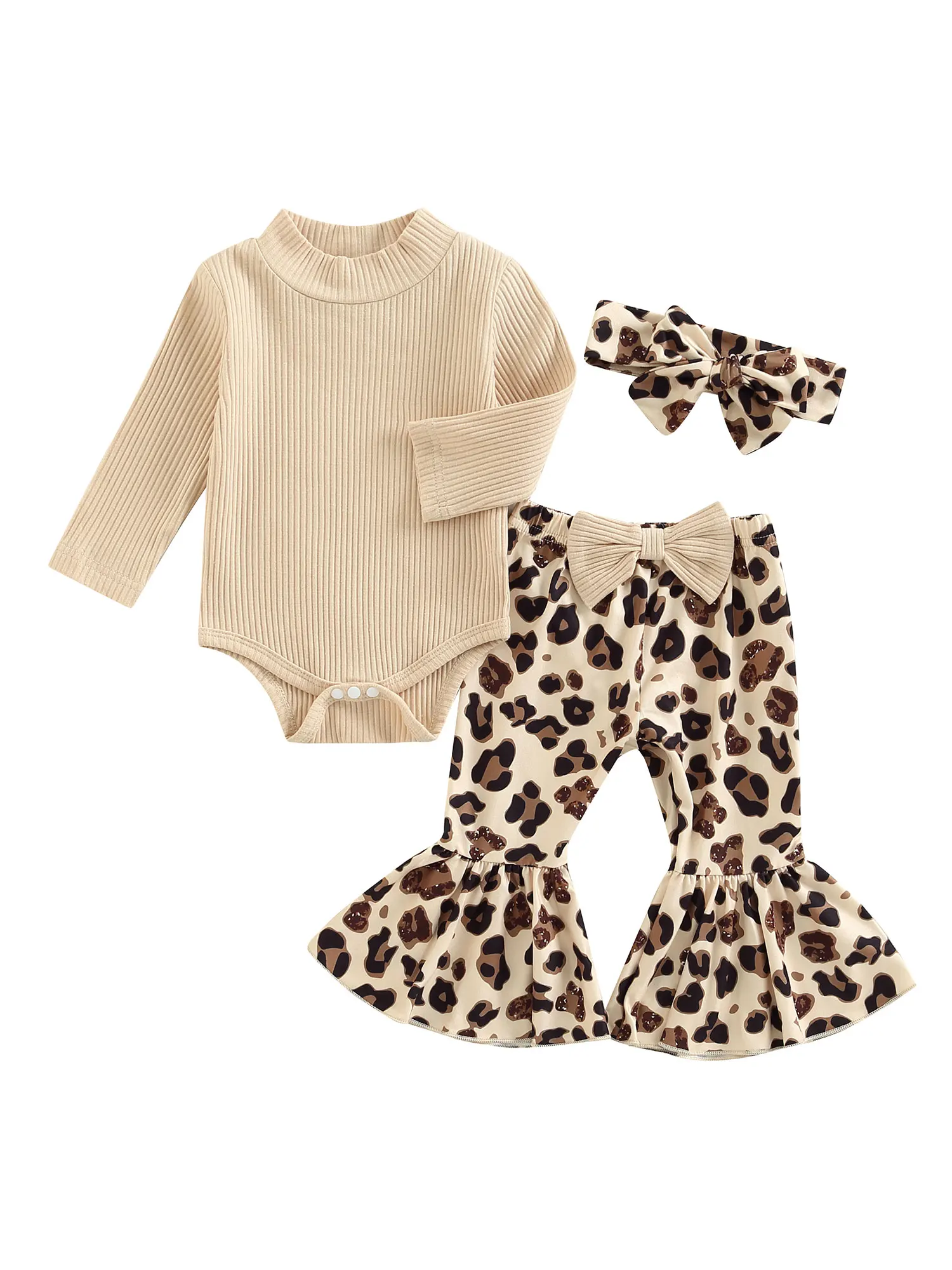 

Blotona Newborn Baby Girls Flare Pant Set Long Sleeve Ribbed Solid Romper Leopard Bell Bottom Headband 3Pcs Clothes Outfits