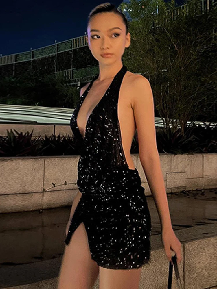 

Women Elegant Halter Backless Sexy Sequin Mini Dress Party Evening Birthday Prom Christmas Glitter Dresses Summer Clubwear Black