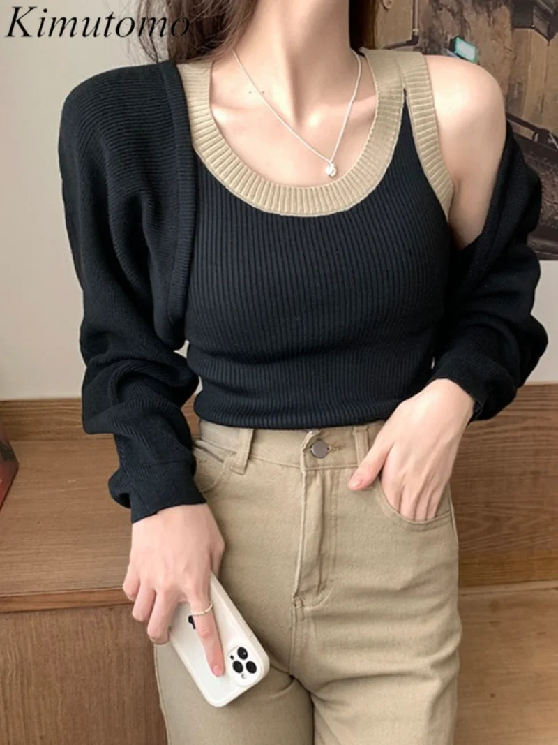 

Элегантный Трикотажный костюм Kimutomo из двух предметов, Женский шикарный контрастный короткий жилет с круглым вырезом и рукавом летучая мышь...