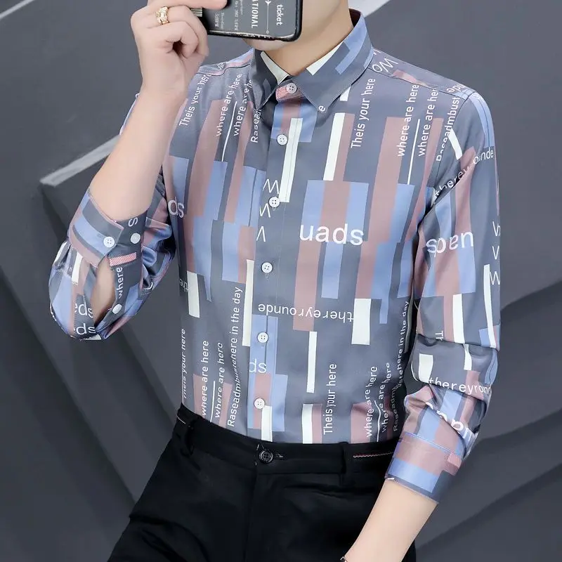 Stylish Lapel Button Spliced Printed Letter Shirts Men's Clothing 2022 Autumn New Oversized Casual Tops All-match Korean Shirt