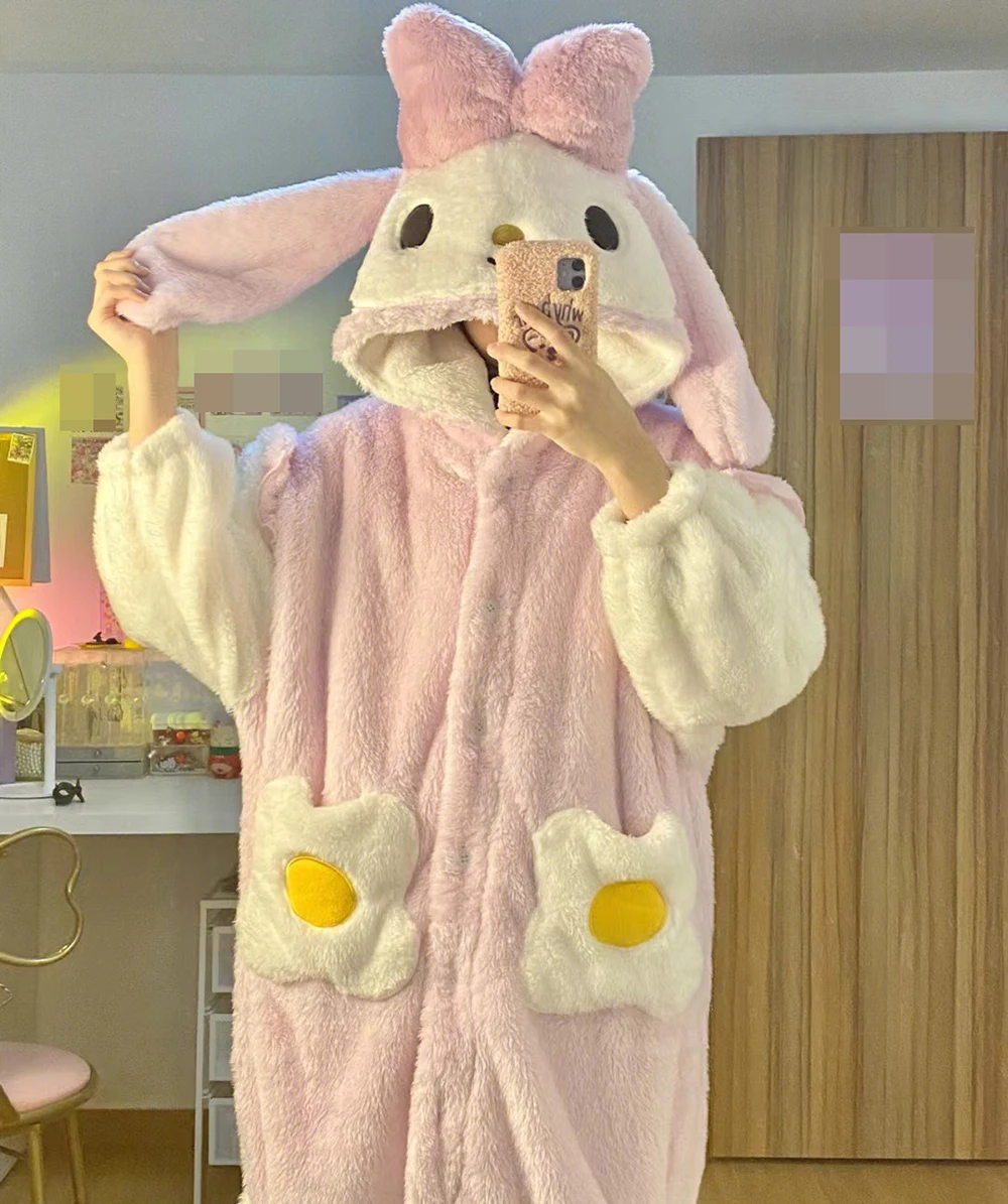 Winter Flannel Kawaii Robes Coral Fleece Pajamas Thick Warm Cute Pijamas Women Home Wear Pink Sweet Hooded Nightgowns Nightwear