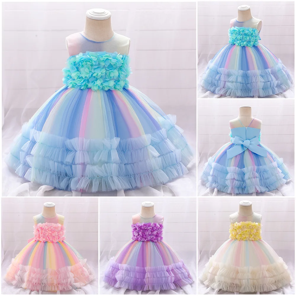 

Cute Petal Rainbow Tulle Dress for Kids Girls Sleeveless Bowknot Party Weeding Princess Dresses Toddler Pageant Gown 3-8Years