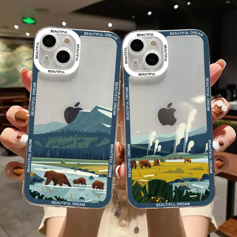 

Landscape Clear Phone Case For iPhone 14 11 12 13 Pro Max 7 8 Plus SE2 XS X XR The Mountainous Pastoral Transparent Back Covers