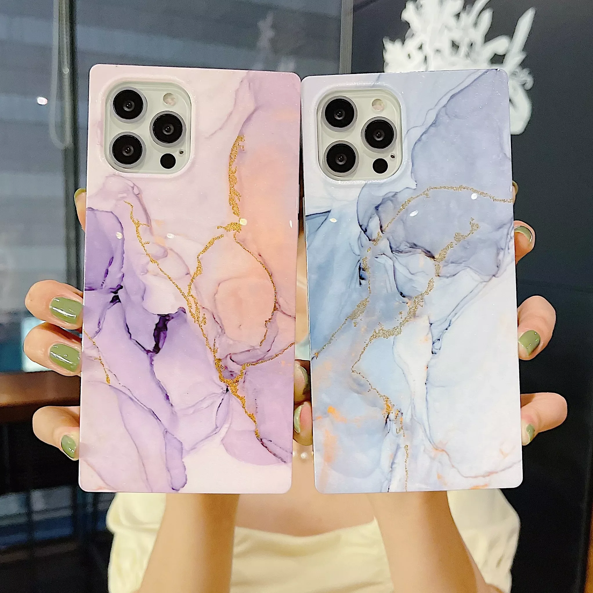 

Electroplated Square Glitter Colored Marble Soft Phone Case For Iphone 12 13 11 Pro MAX Mini X XR XS SE2 7 8 Plus Bumper Cover