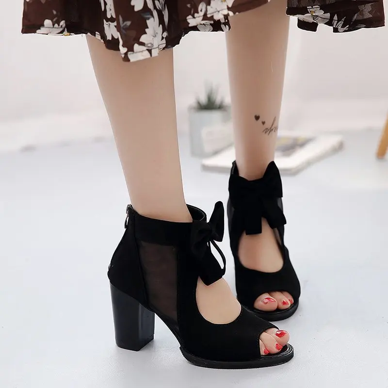 Women Sandals High Heels Summer Ladies Elegant Butterfly Knot Mesh Sandals Back Zipper Fish Mouth Party Sandalias Fashion Shoes