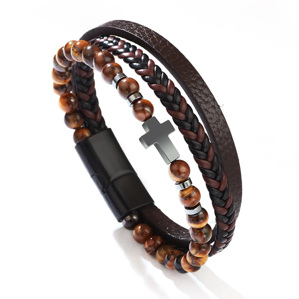 

Charmsmic Multilayer Handmade Beaded Leather Bracelets Mens Female Wooden PU Frosted Strand Armband Cross Jewelry New Design