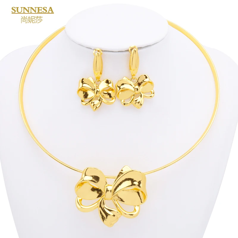 

SUNNESA 18k Gold Plated Bowknot Pendant Necklace Elegant African Jewelry Set for Women Wedding Party Gift Dubai Drop Earrings