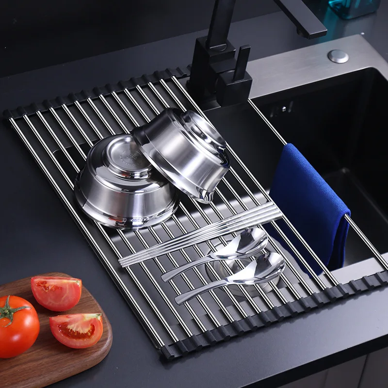 

Kitchen Sink Roller Shutter Stainless Steel Drain Rack Collapsible Fruit Vegetable Dishes Water Filter Rack Storage Drain Rack