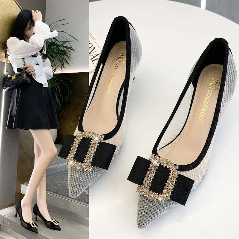 

New Elegant High Heels Sexy Women's Stiletto 2022 Spring Summer Sandals New Pointed Mesh Shoes Black Luxury Woman Pumps