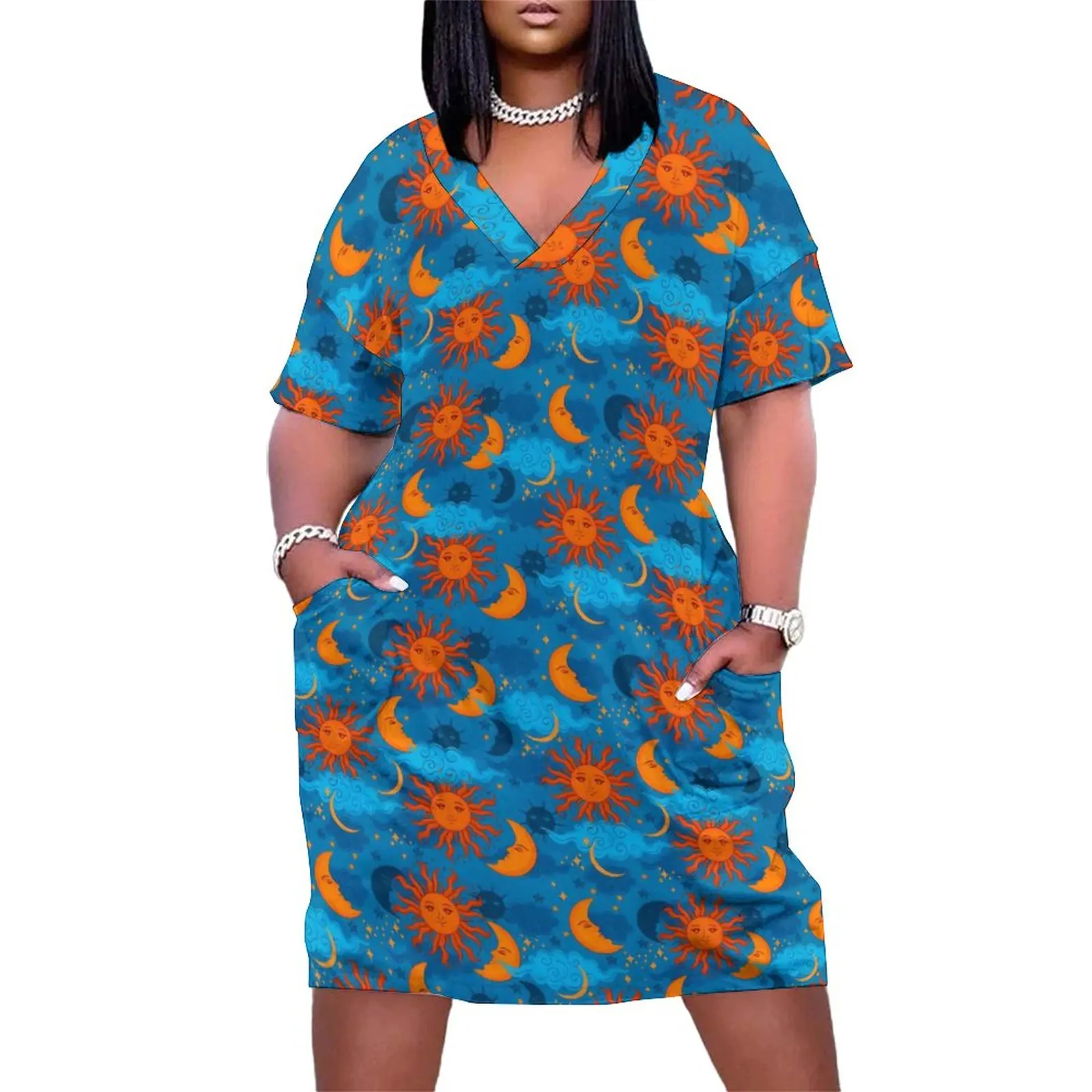 

Stars Sun Moon Dress V Neck Night Sky Print Street Style Dresses Spring Vintage Casual Dress Women Graphic Plus Size Vestidos