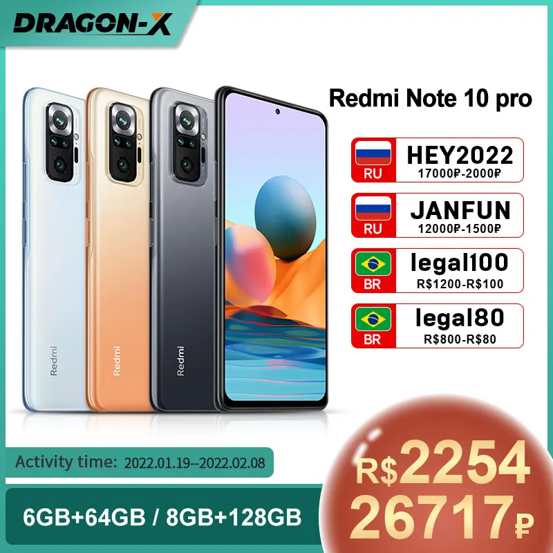 

Global Version Xiaomi Redmi Note 10 Pro 6GB 64GB/6GB 128GB Smartphone 108MP Camera Snapdragon 732G AMOLED Display