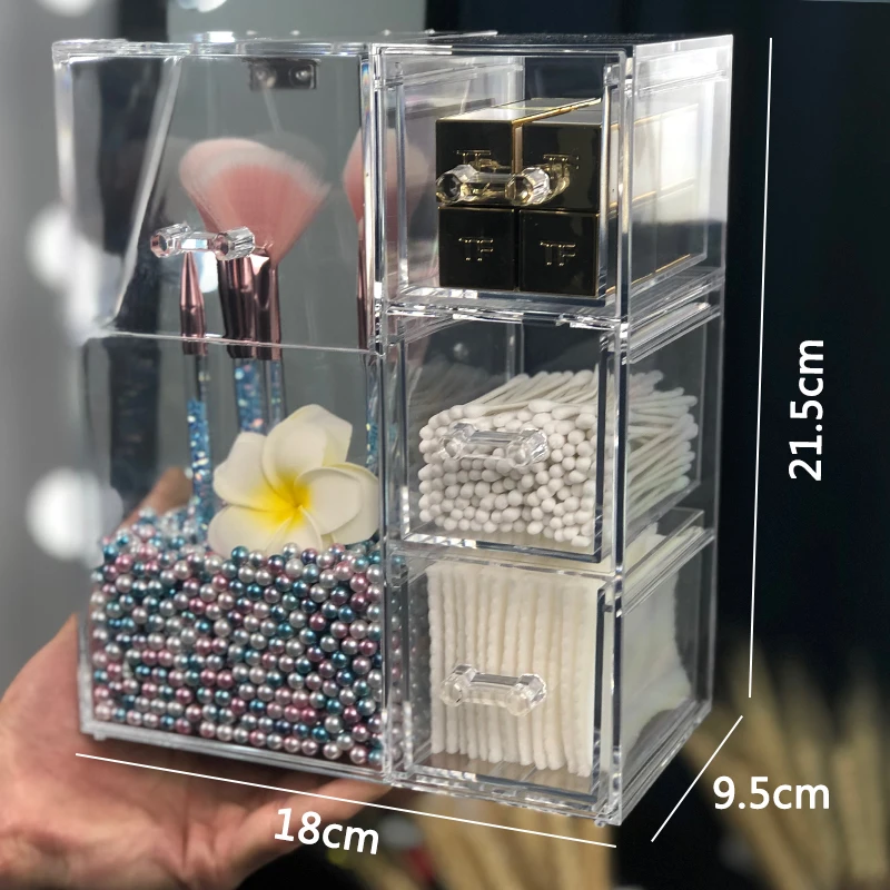 

Plastic Makeup Brushes Holder with Drawers for Cotton Pads/Swab Makeup Brush Organizer with 400g Pearls Cosmetics Storage Box