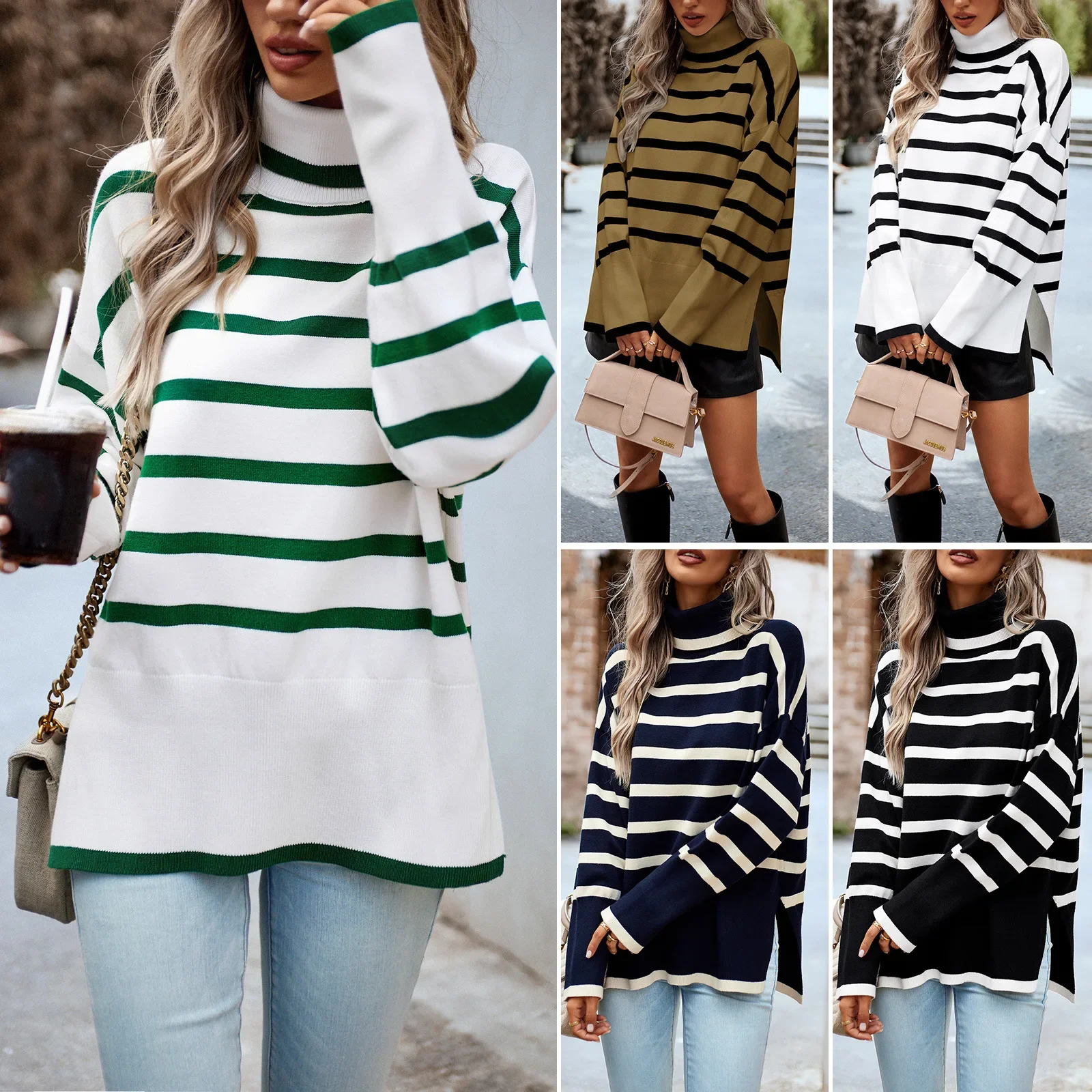 

Autumn New Horizontal Large Stripe Decoration Layered High Lapel Split Top Women's Knitted Pullover