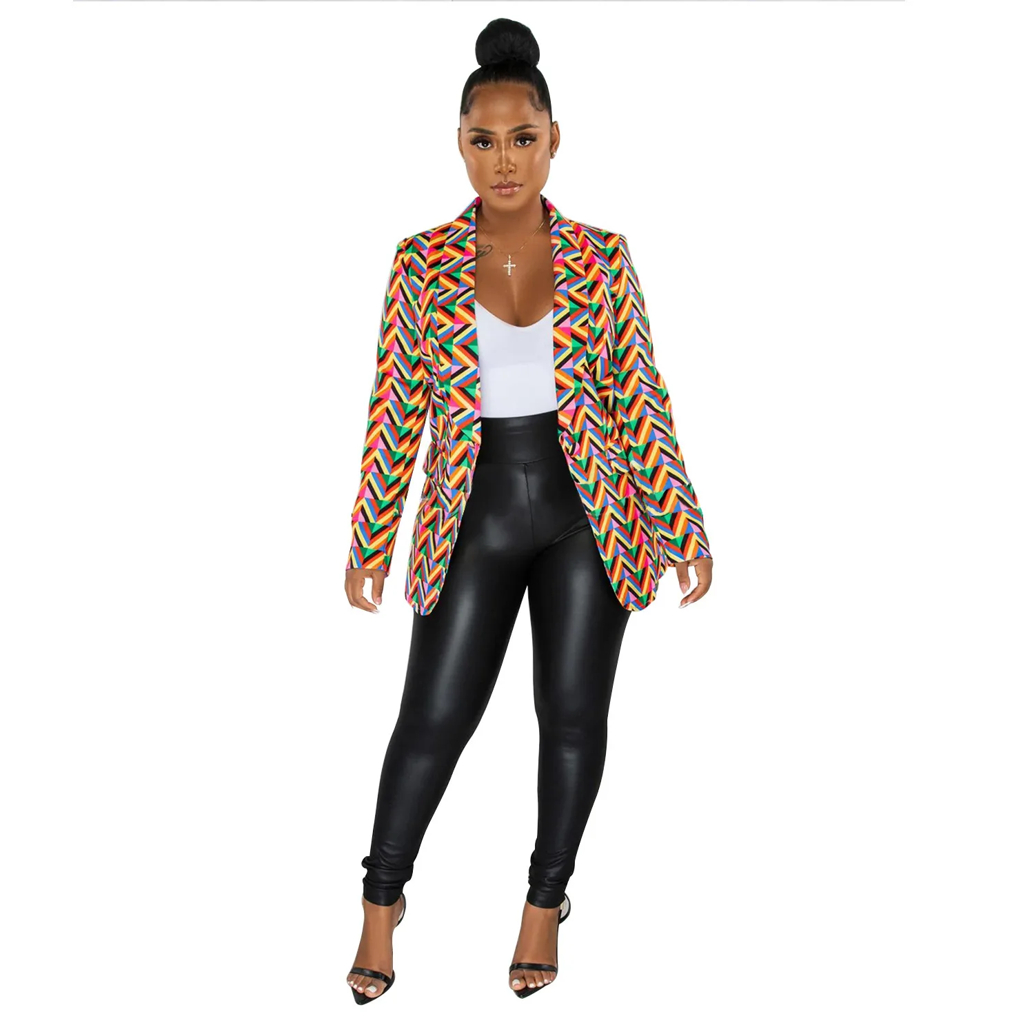 Womens Turn-Down Collar Long Sleeve Print Blazer Autumn Single Button Temperament Elegant Style Commuter jacket coats