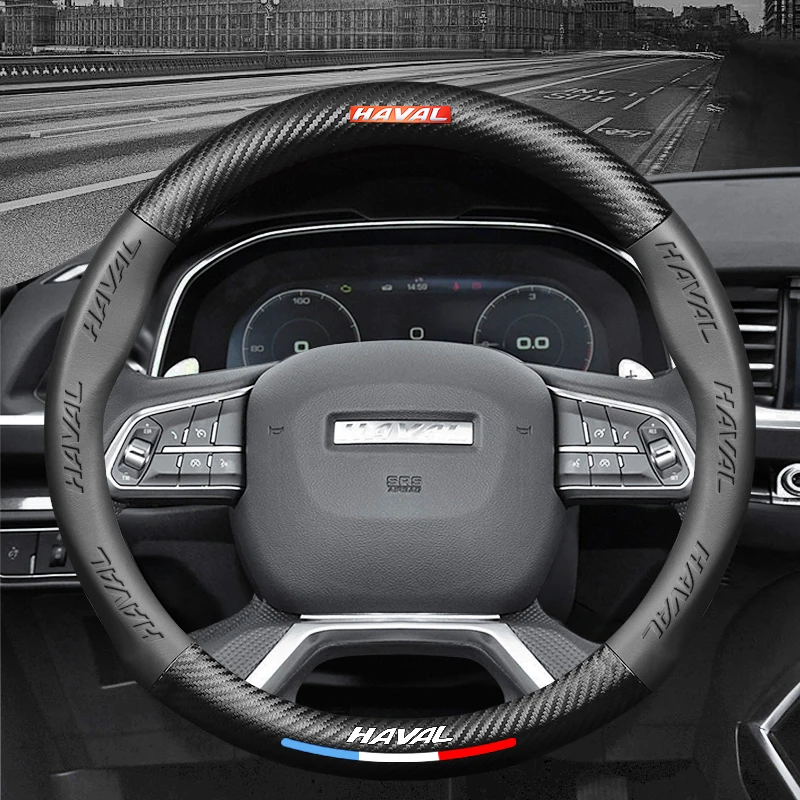 

38cm for Haval H1 H2 H3 H4 H5 F7X H6 H7 H9 GMW M4 M6 F7 F50 C50 2011-2023 Jolion Carbon Fiber Leather Car Steering Wheel Cover