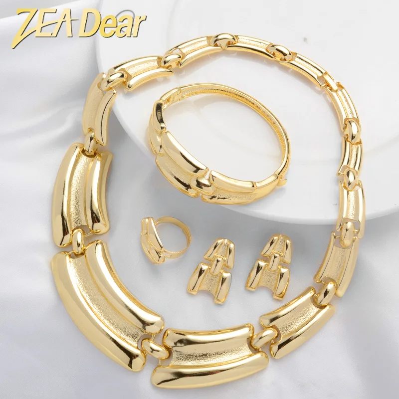 

ZEADear Nigerian Woman Accessories Jewelry Set Gold Colour Popular Earrings Necklace Bracelet Ring Brazilian High Quality Gifts