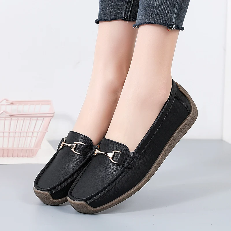2023 New Genuine Leather Women Flats Woman Casual Shoes Luxury Loafers Female Slip-on Boat Shoes Moccasins Big Size 35-44