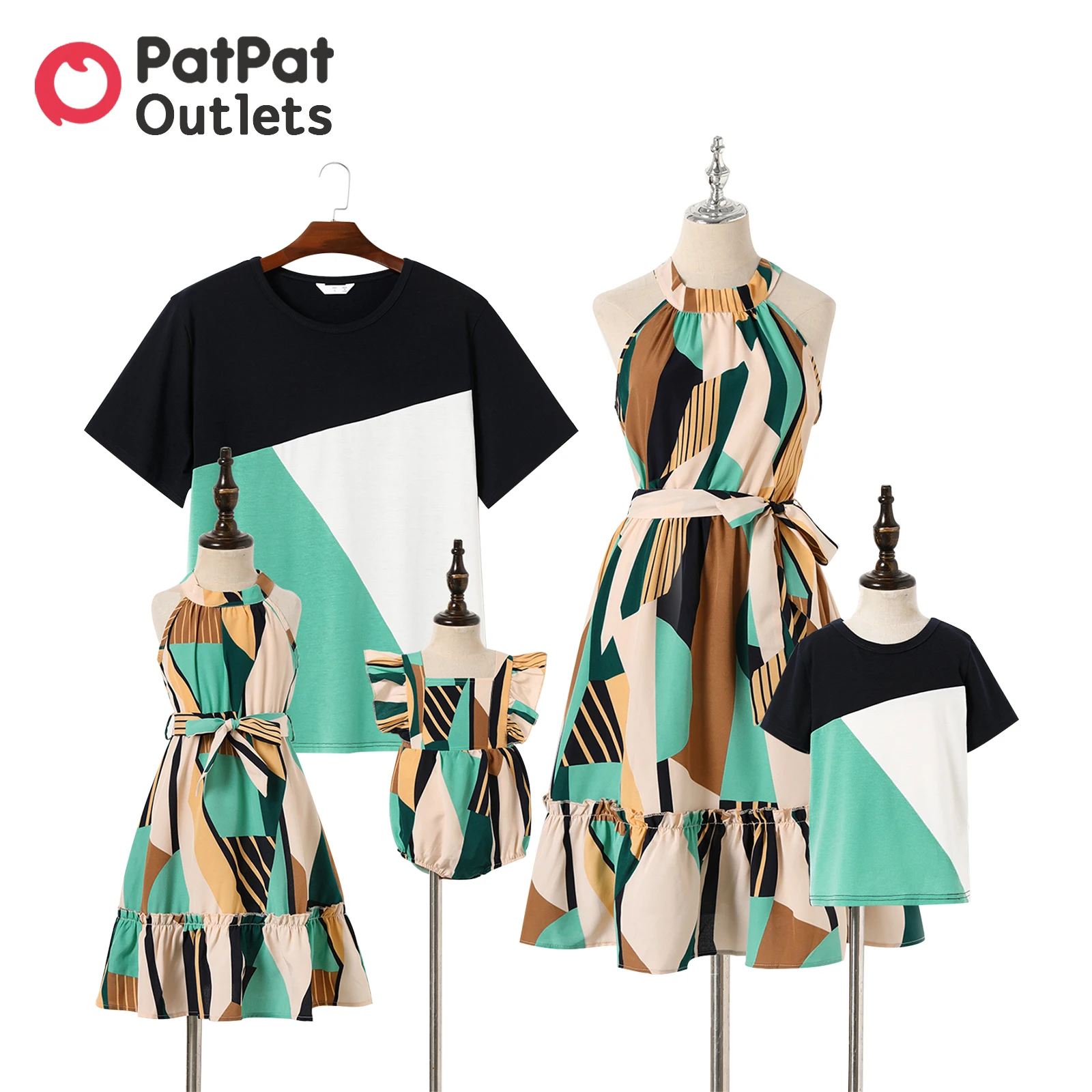 

PatPat Family Look Outfits Halter Neck Belted Mother Daughter Mom Mum Baby Dresses Colorblock Short-sleeve T-shirts Summer Sets