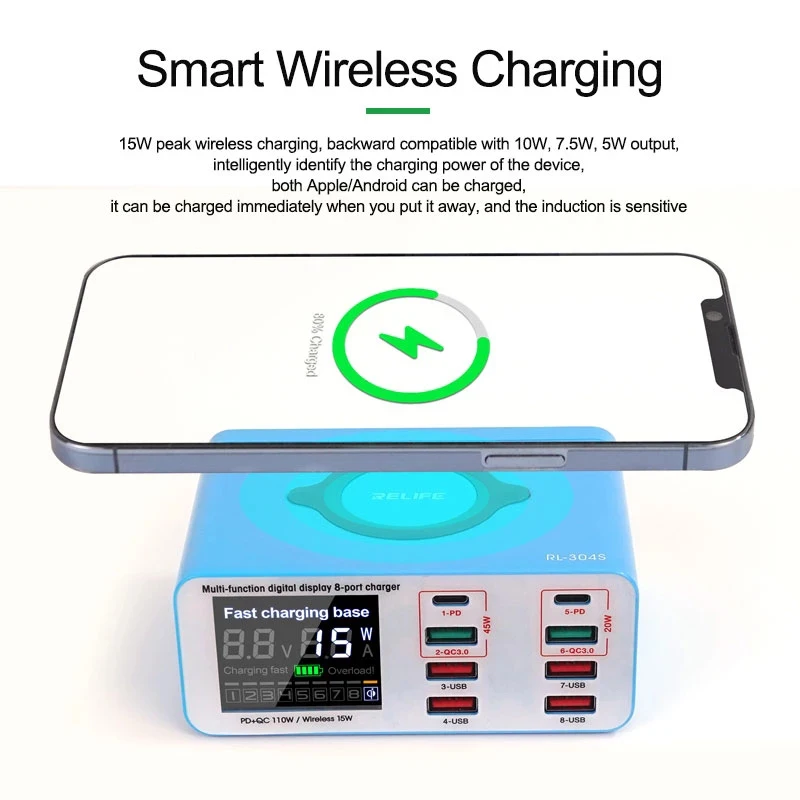 

RELIFE RL-304S USB Smart PD Fast Charge Digital Display 8-port Charger QC3.0 Wireless Charging 110W High Power 45W Quick Charge