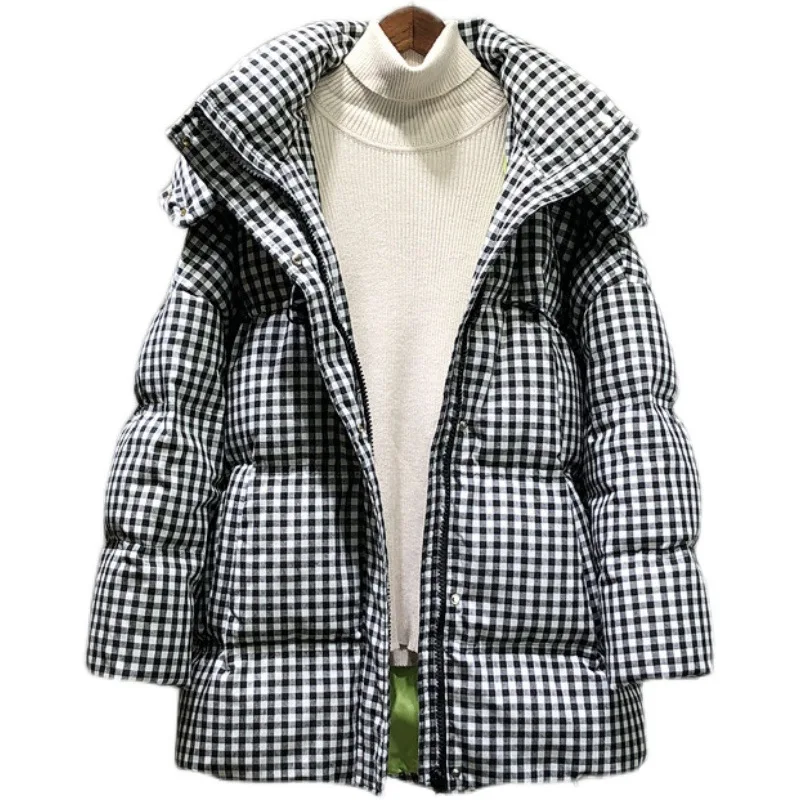 New Plaid Hooded Down Jacket Women's Medium Length White Duck Down Bread Coat Waist Thickening Black and White Warm Loose Jacket