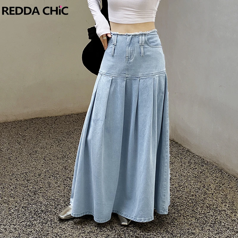 ReddaChic Tall Girl Friendly High Waist Denim Pleated Skirt Blue Y2k 2023 Summer New In Maxi Long Jean Skirt Women Acubi Fashion