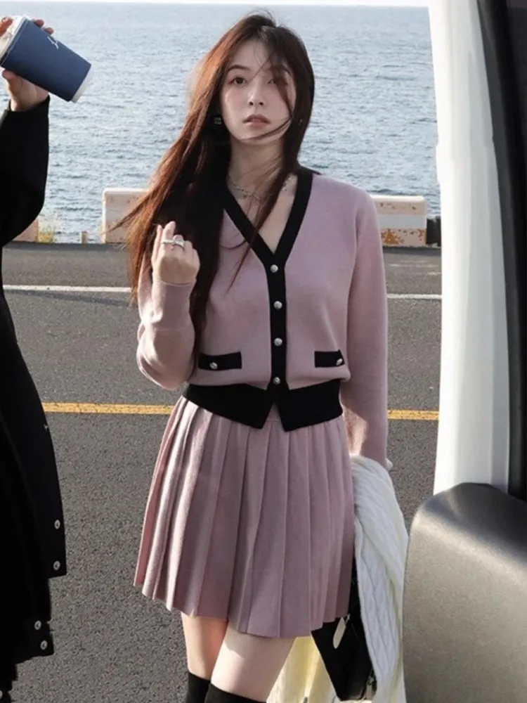 

Женский элегантный комплект из 2 предметов, куртка с длинным рукавом и V-образным вырезом + однотонная плиссированная мини-юбка, модная повседневная одежда в Корейском стиле на осень и весну