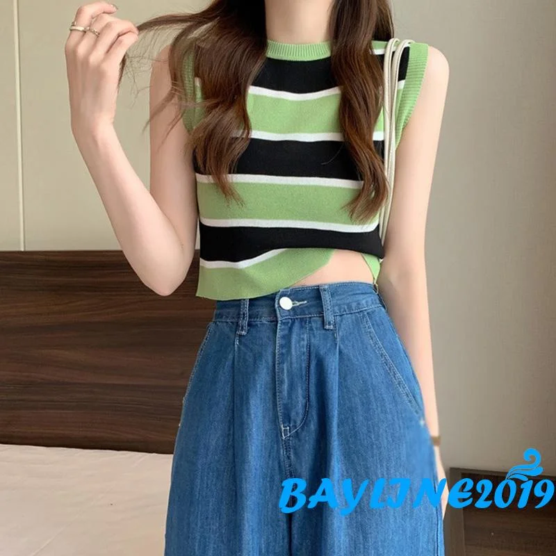 

Bayline-Women Short Vest Shirt, Sleeveless Round Neck Knitting Striped Casual Party Street Spring Summer Tops