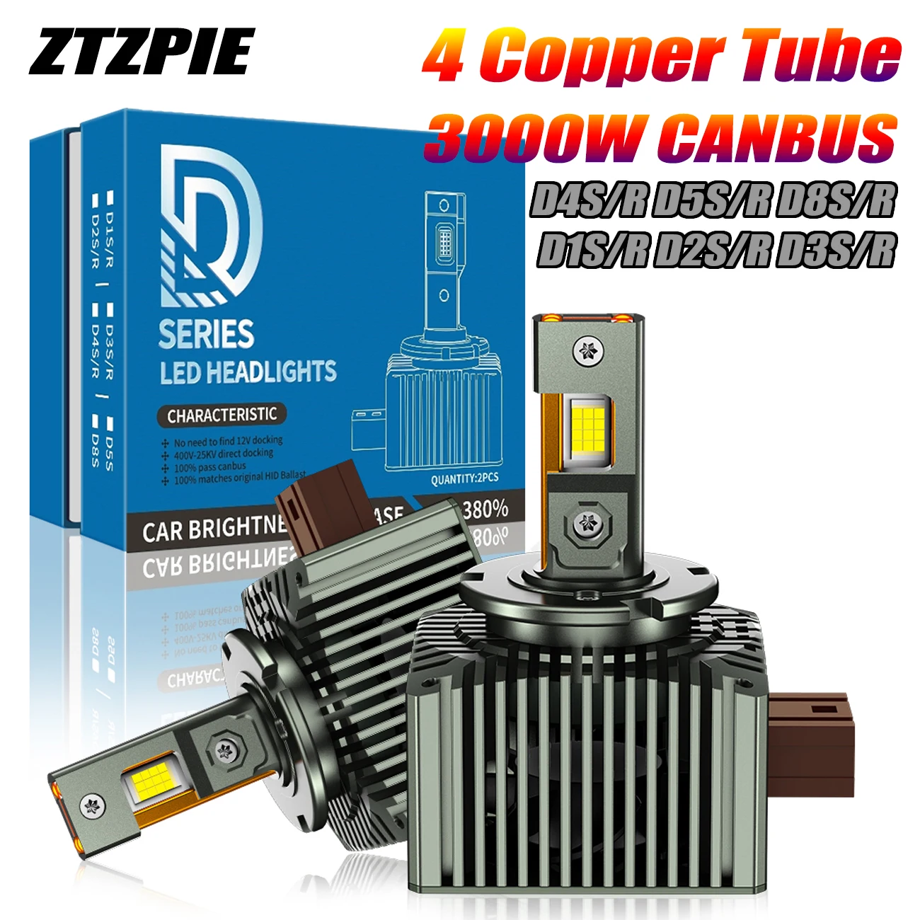Фото ZTZPIE D3S Светодиодные фары HID D1S D2S D4S D5S D8S D1R D2R D3R Turbo LED 3000000 Двусторонний чип LM CSP 6500K 3000 Вт Plug&Play №1