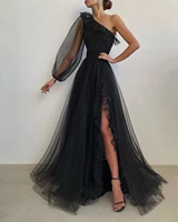simple black one shoulder a line prom dress tulle puffy long sleeve ruched formal evening wedding party gowns with high slit