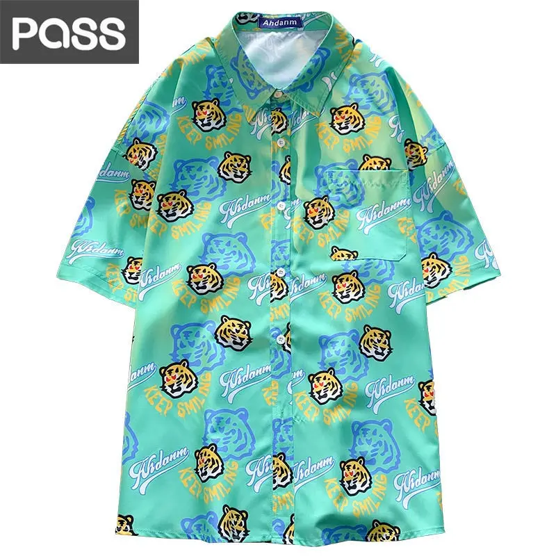 Retro Street Yellow Tiger Head Full Graphic Button Up Shirts for Men Cool Handsome Hawaii Beach Blouses Jacket Summer Large 2XL images - 6