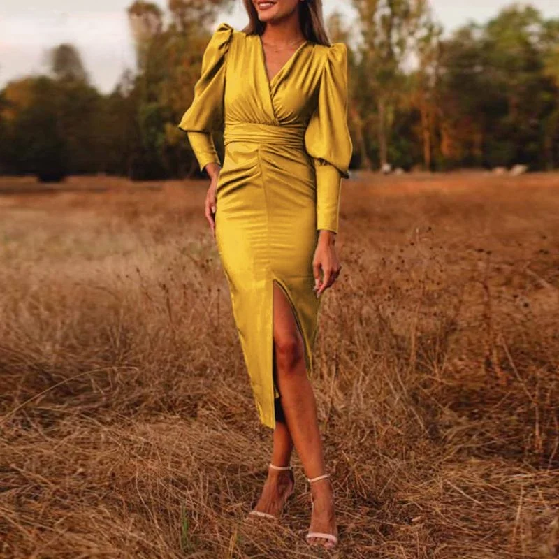 

Women Party Dress Long Sleeve Dresses New Fashion Solid Puff Sleeve Midi Robe Sexy V Neck Split Hem Dresses Pleated Female Dress