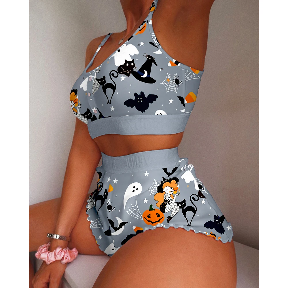 

2022 Women Halloween Graphic Print Lettuce Trim Cami Set Autumn Winter Sleeveless Crop Tops Two Piece Suit Homewear Shorts Suit