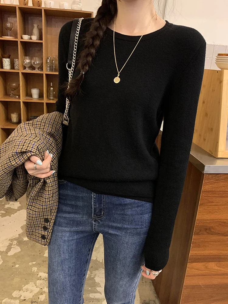 Простой базовый модный уличный женский пуловер осенний новый однотонный тонкий