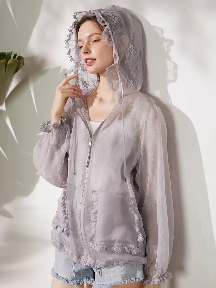 Женская Солнцезащитная рубашка BirdTree из 100% натурального шелка кружевная вышивка