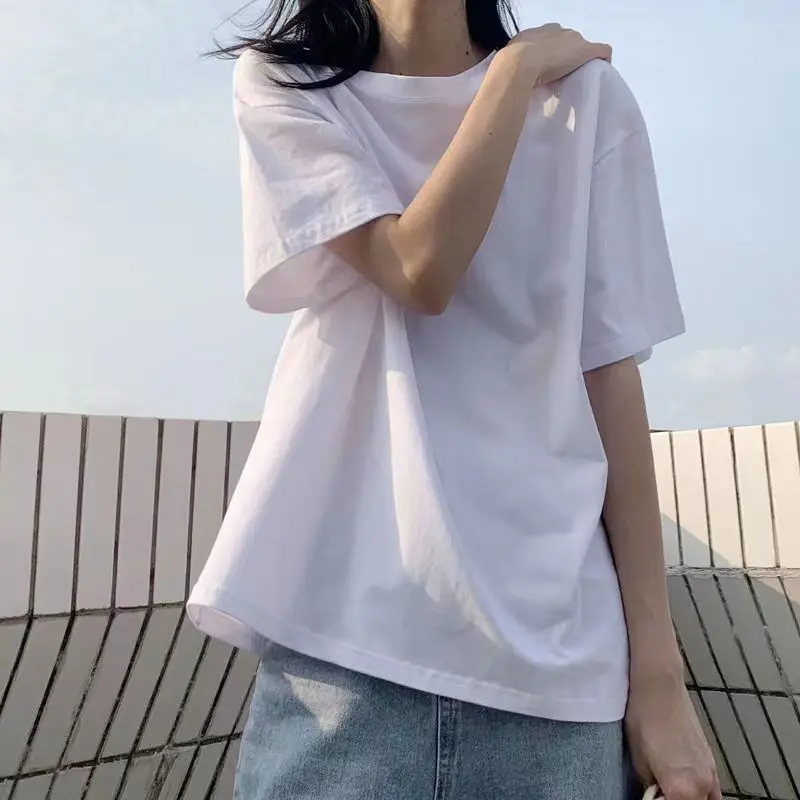 

CGC 2023 Summer Women's T-shirt 100% Cotton Tees Simple Solid Harajuku Short Sleeve Tops Korean Fashion Female T-shirt