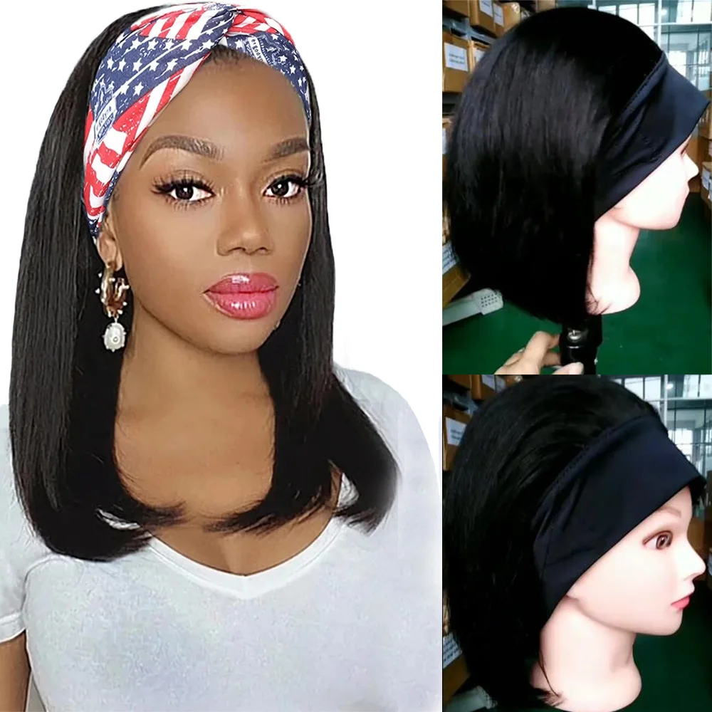 Headband wigs 14 Inch Silky Straight Natural Black Remy  human hair straight Bob wig for Women