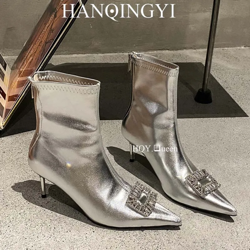

Женские ботинки-лодочки, женские современные ботинки с острым носком, ботильоны на тонком каблуке, осенняя Западная мода 2024, женская обувь со стразами