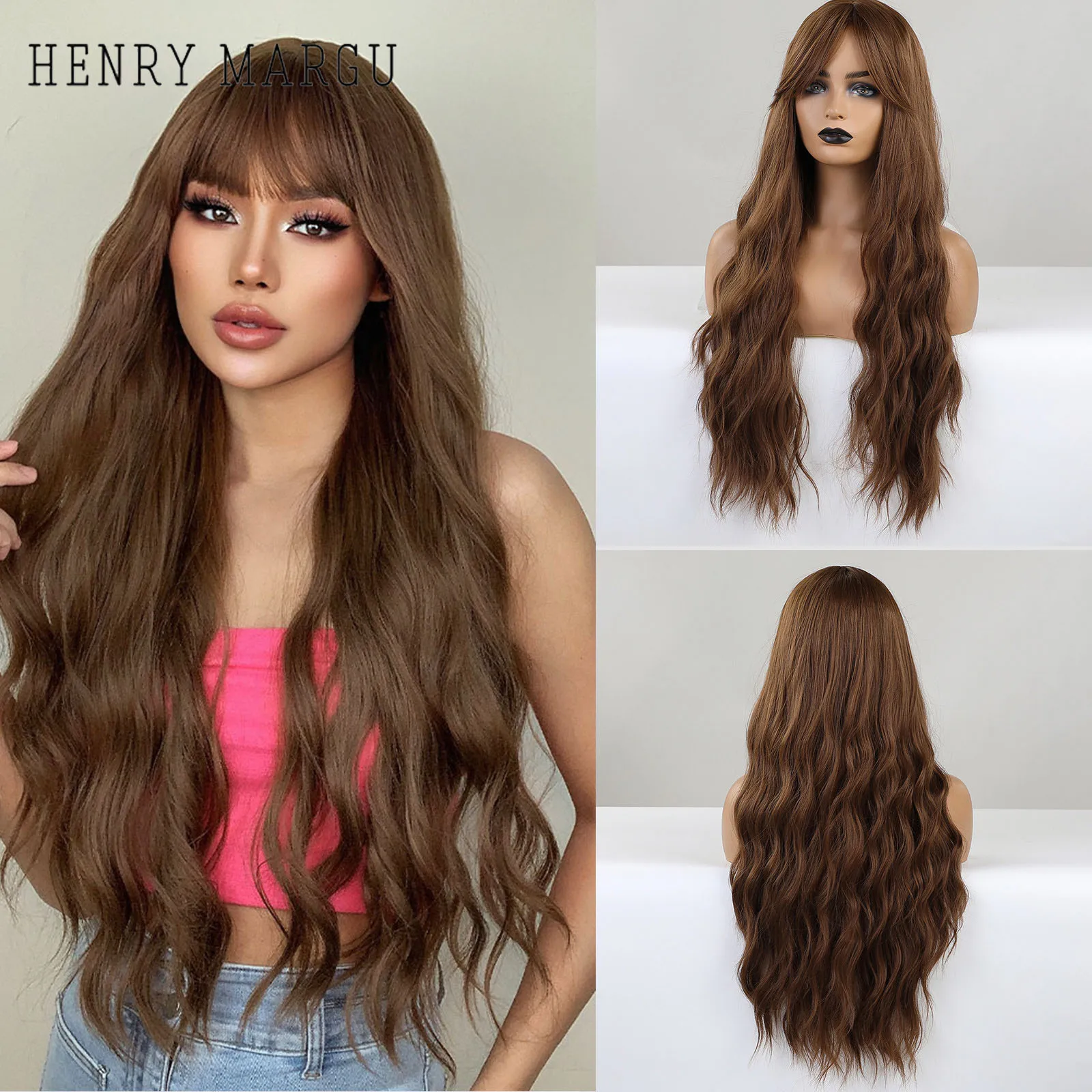 

HENRY MARGU Long Brown Wavy Synthetic Wigs with Bang Curly Natural Hair Wig for Black Women Cosplay Party Heat Resistant Wigs