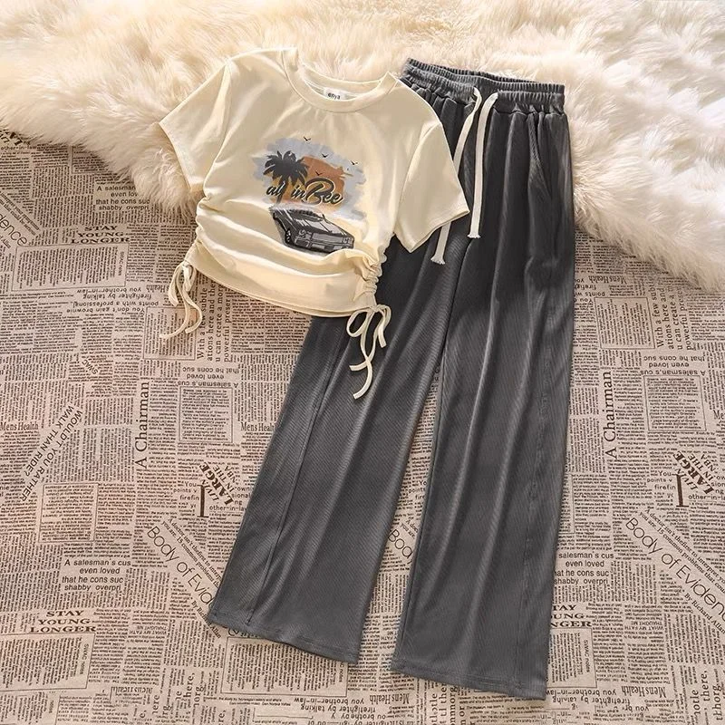 

Летний костюм, новинка 2023, одежда в американском ретро-стиле, топ с принтом на шнуровке и брюки с широкими штанинами, комплекты из 2 предметов