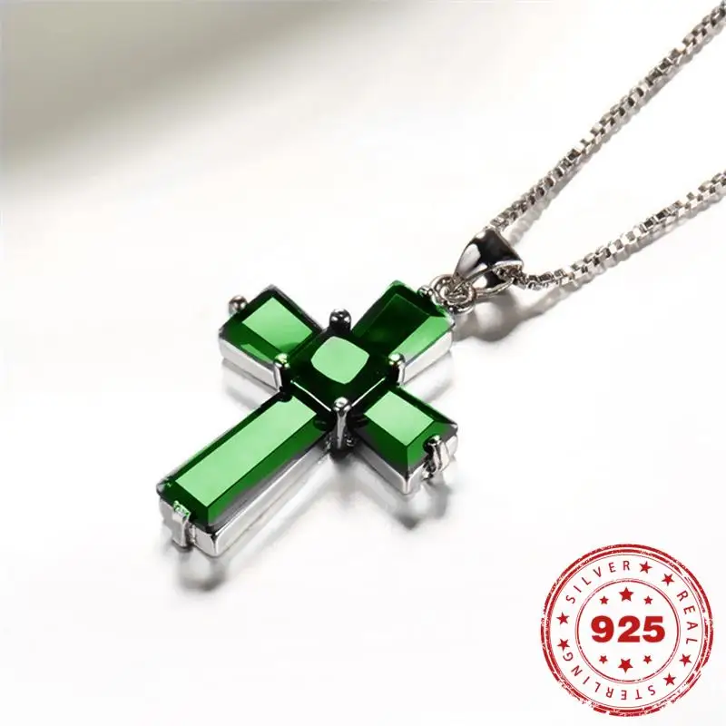 

HOYON Cross Emerald Pendants Luxurious S925 Streling Silver Color Necklaces Peridot De Emerald Turquoise Bizuteria for Men Women