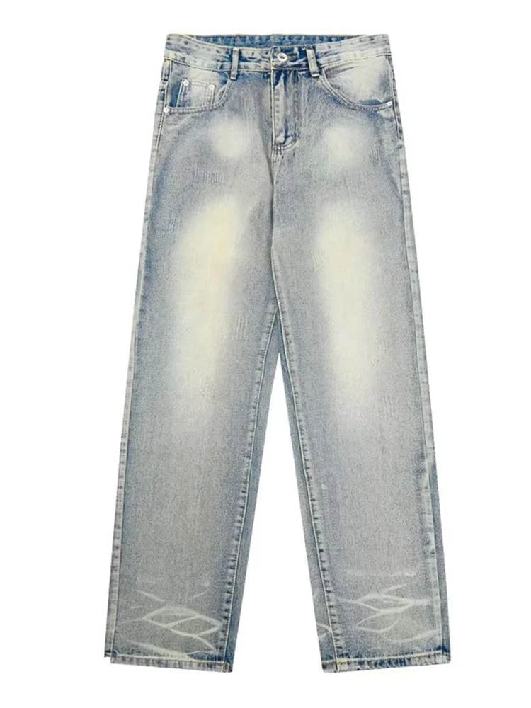 Four Seasons Men Jeans Antique Jeans Beard Effect Washed Straight Tube Denim Jeans Motorcycle Jeans Street Costume Ins Hot Sale