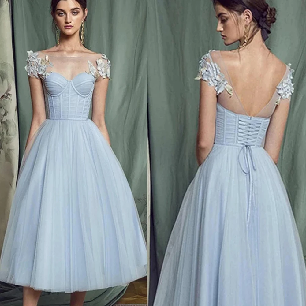 

Elegant Dusty Blue Evening Dress Short 2023 A Line Cap Sleeve Formal Party Dress Prom Gowns Corset Lace Appliques Robe De Soiree
