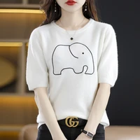 knitted short sleeved t shirt summer new pure wool round neck foreign style embroidered elephant loose all match top women