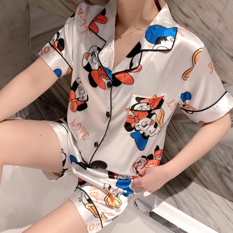 Disney Silk Mickey Pyjamas Woman Casual Short Sleeve Top and Shorts Homewear Ladies Loose Minnie Mouse Stain Sleepwear Sets