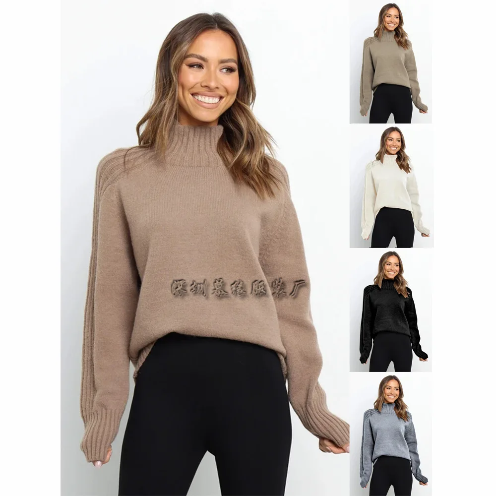 

2023 Women'S Solid Color High Neck Pullover Loose Clothing Sweater