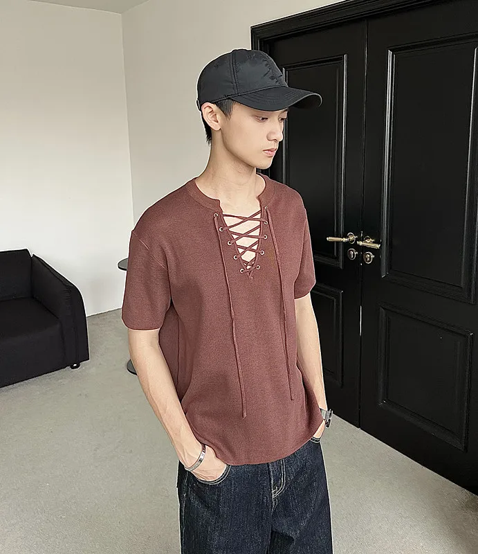 Qiq Korean Series Design Solid Drawstring Neckline Short sleeve Knit t-shirt Ins Men and Women Retro Light Luxury Prohibition...