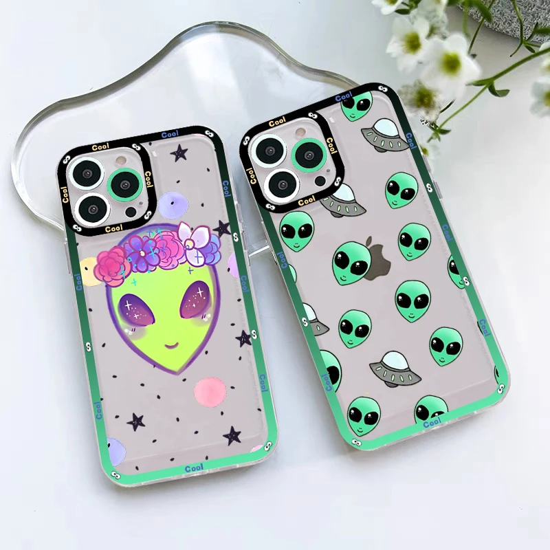 

Aesthetics Cartoon Alien Space Phone Case For IPhone 14 13 12 11 Pro Max Mini X Xs XR 6 7 8 Plus SE 2020 Transparent Case