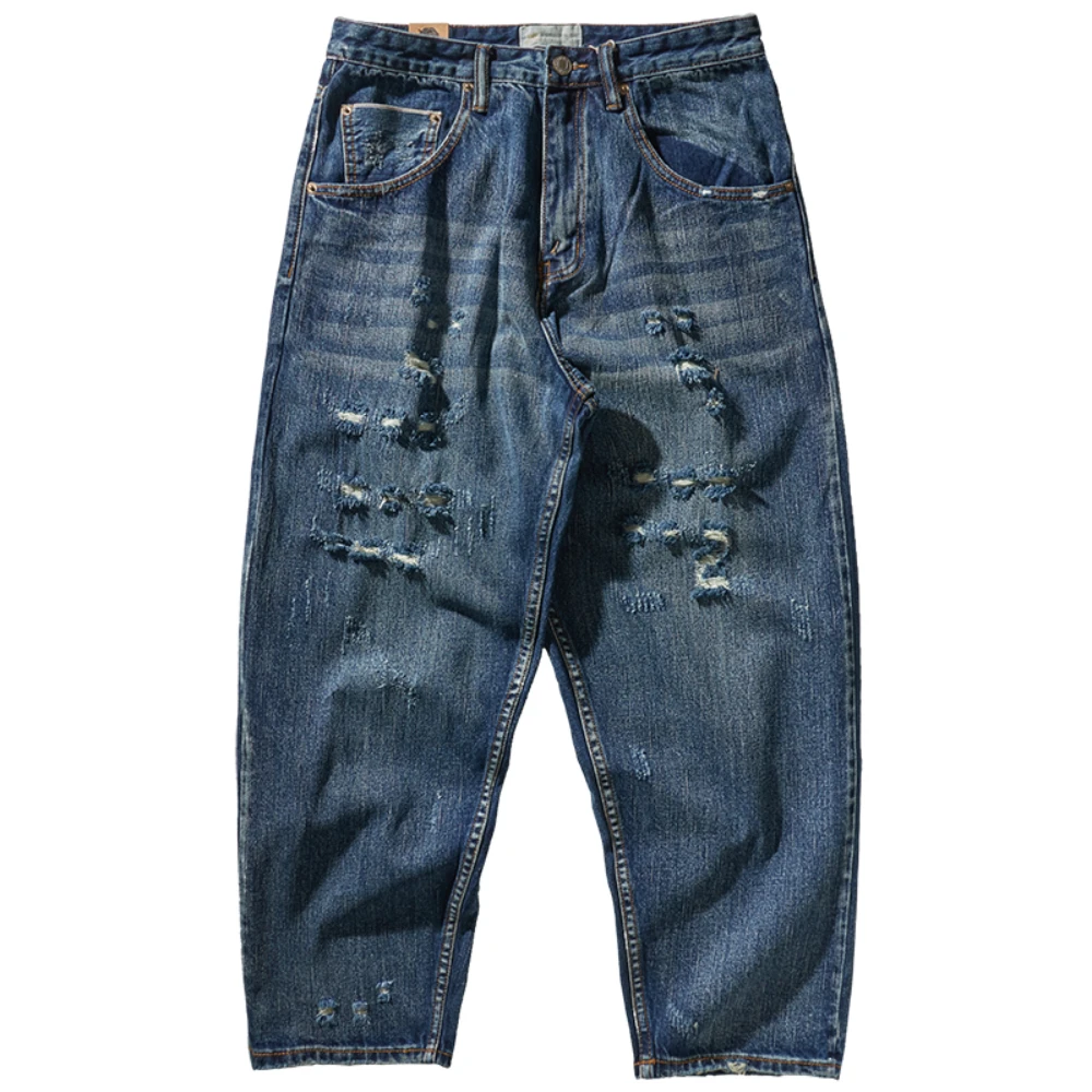 Red-ear jeans men's heavy hand-cut knife holes loose straight outline style jeans long pants